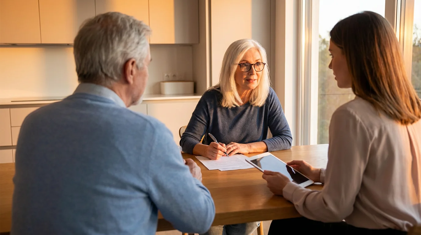 An older couple reviewing Medicare documents with a consultant during a warm golden hour.