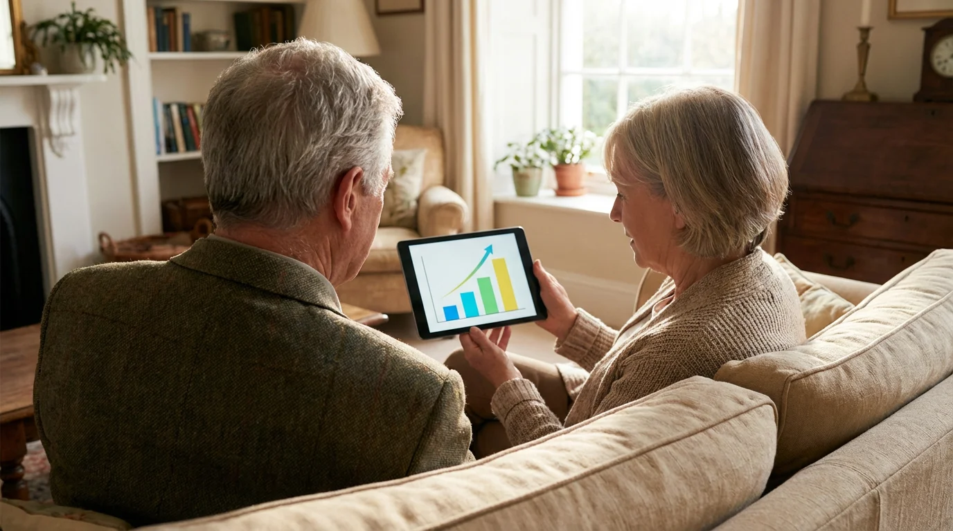 An older couple reviews a simple financial chart on a tablet in their sunlit home.