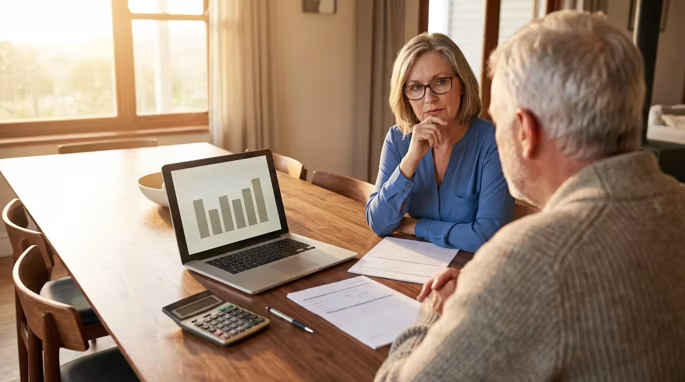 An older couple sitting at a table with a laptop, planning their finances during sunset.