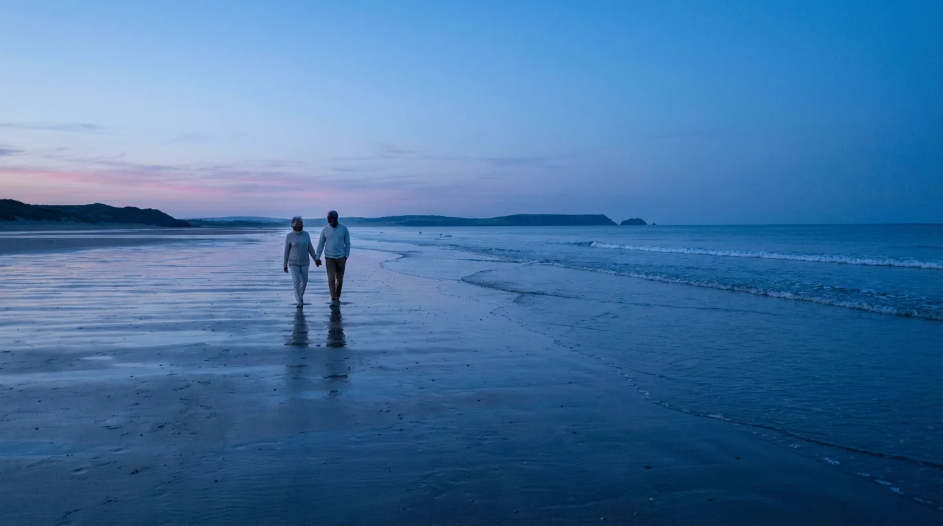 An older couple walks hand-in-hand on a vast, quiet beach at twilight.