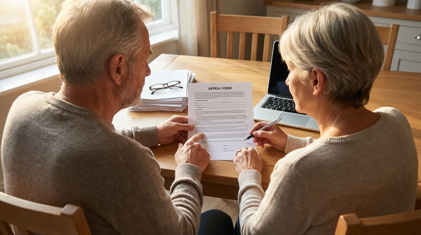 An older couple works together at a table to fill out an official appeal form.