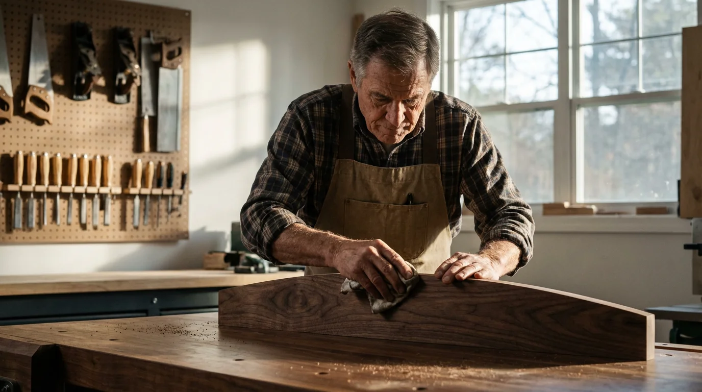 An older craftsman in a sunlit workshop meticulously polishing a piece of wood furniture.