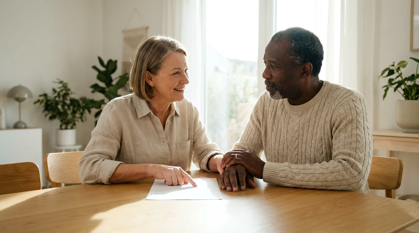 An older, diverse couple collaboratively reviewing papers together at a table in a sunlit room.