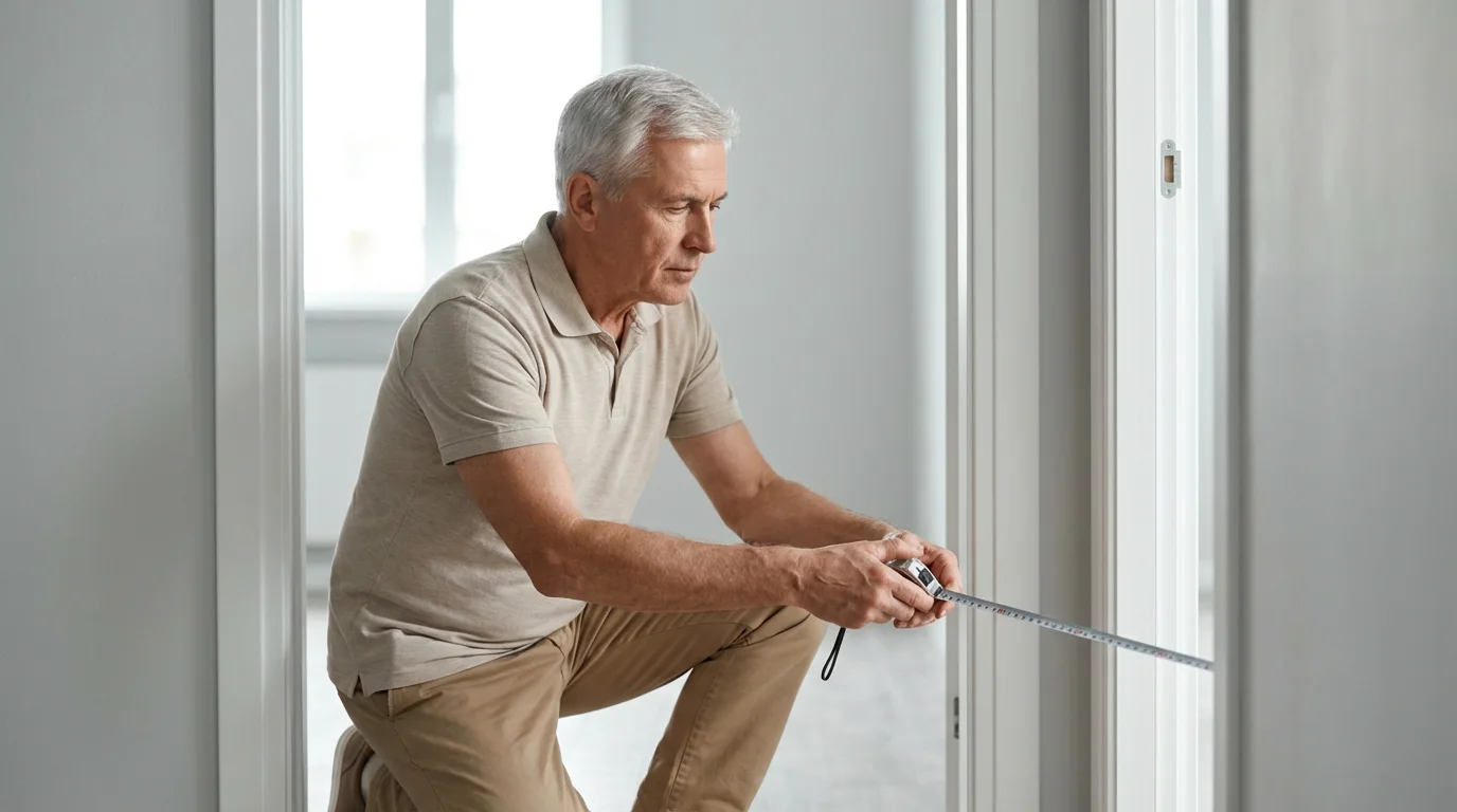 An older man carefully measures a doorway in his home for an accessibility project.