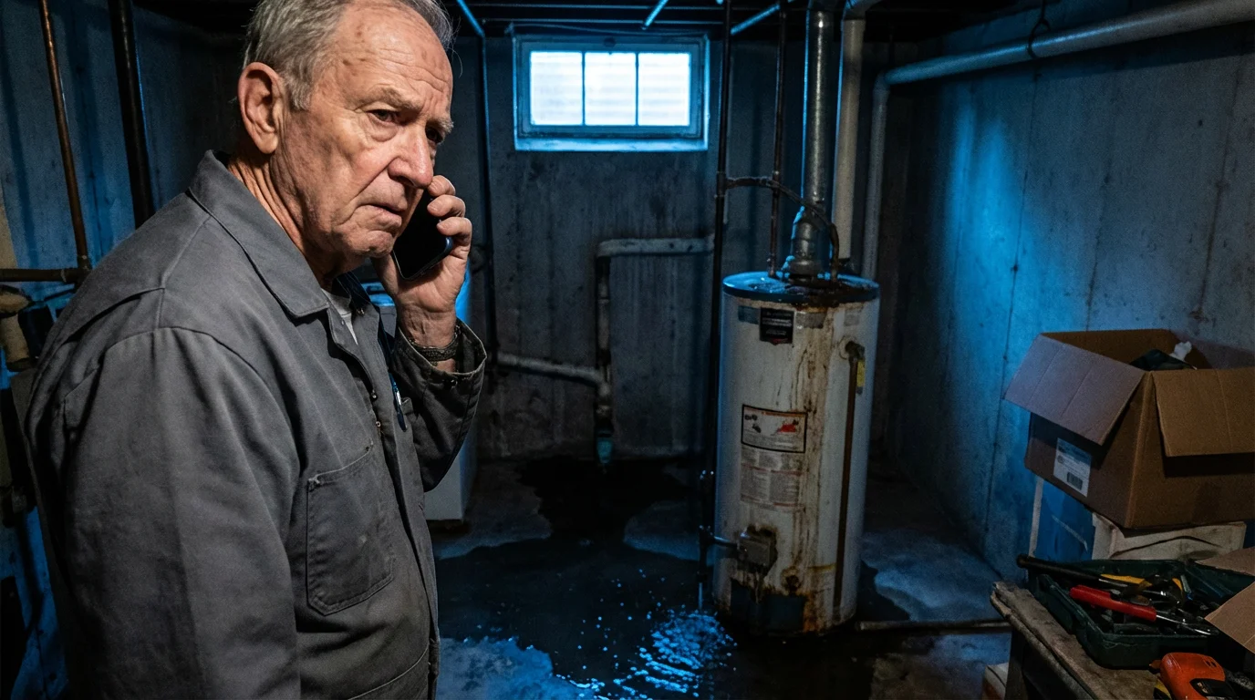 An older man on the phone looking at a leaking water heater in his basement.