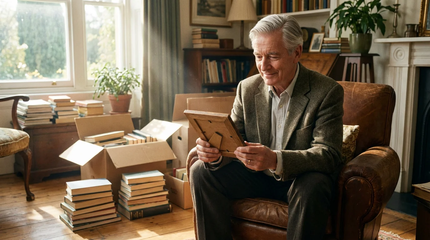 An older man sits in a sunlit room, thoughtfully holding a framed photo while decluttering.