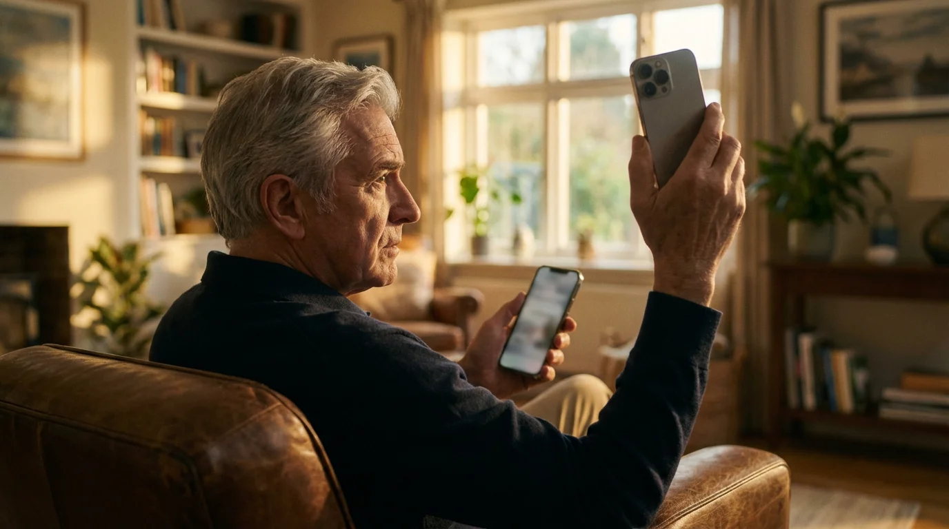 An older man sitting in a chair looks cautiously at his smartphone at sunset.