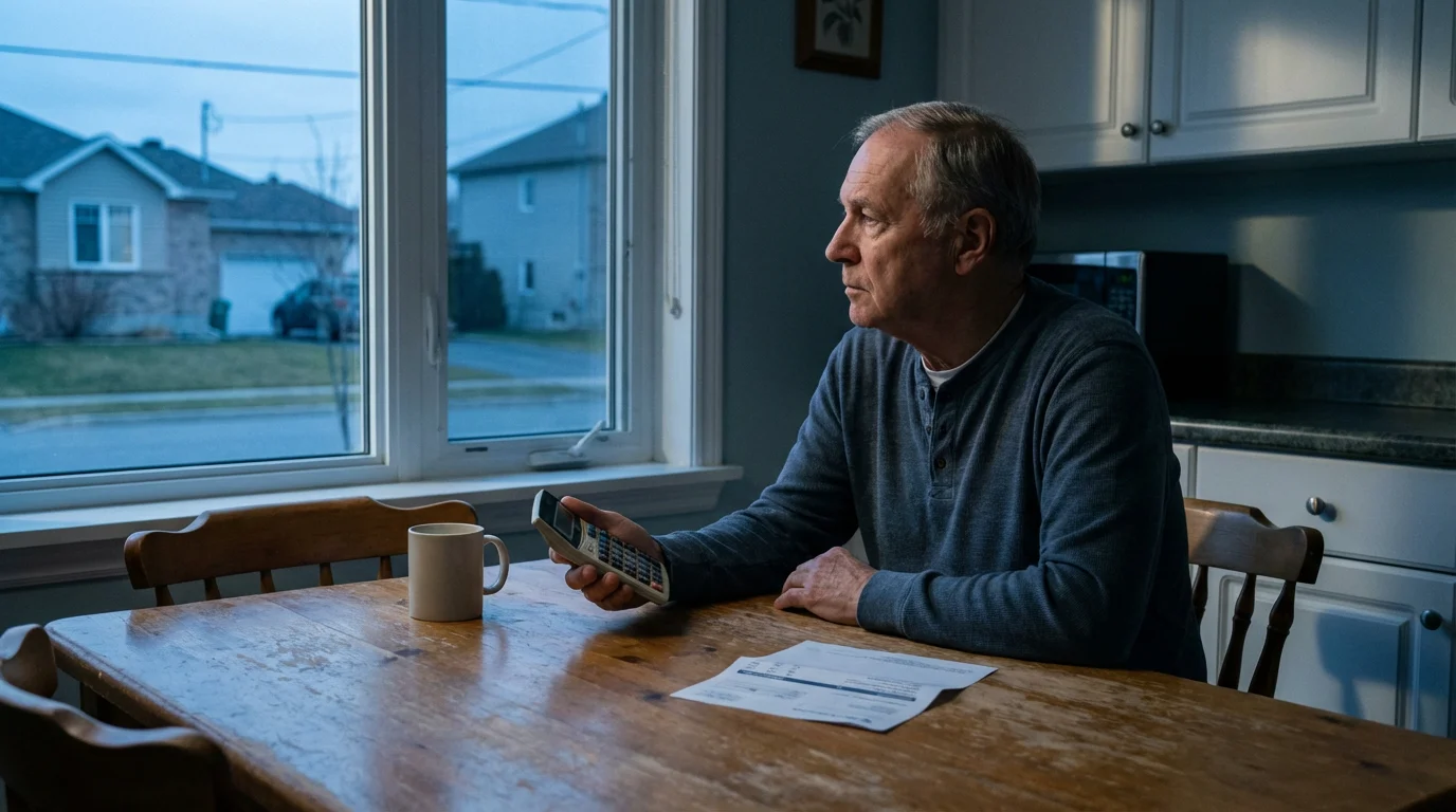 An older man with a calculator sits at a kitchen table at dusk.