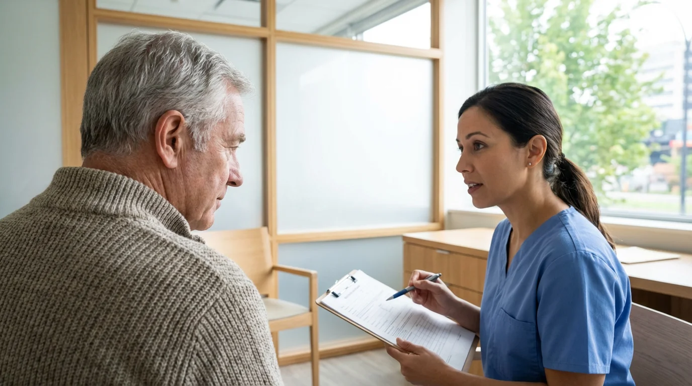 An older patient listens as his doctor explains a specialist referral in her office.