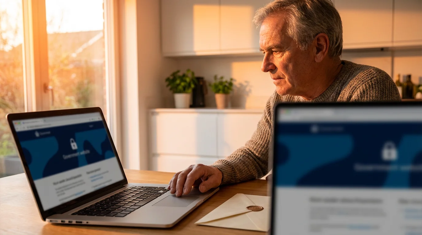 An older person at a kitchen table reviews their Social Security information online.