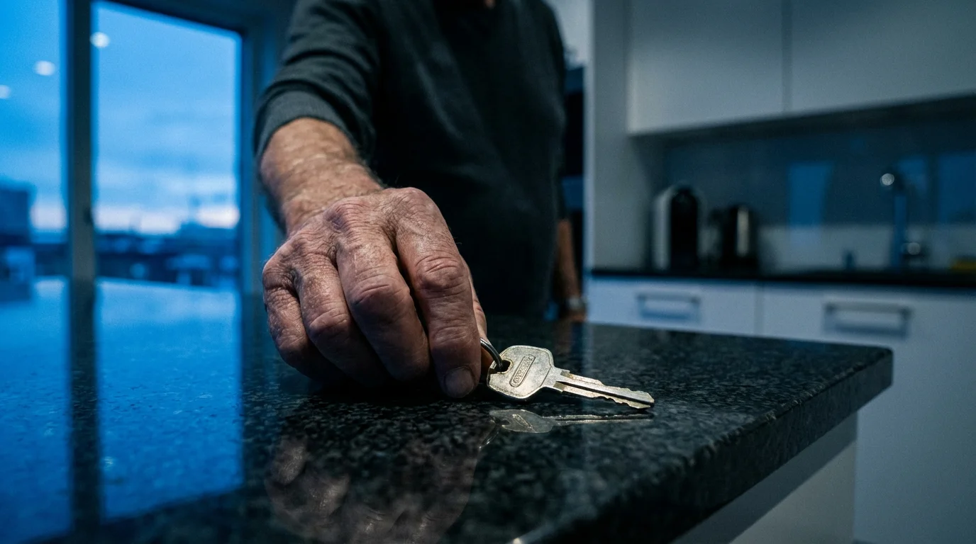 An older person's hand carefully places a car key on a kitchen counter at dusk.