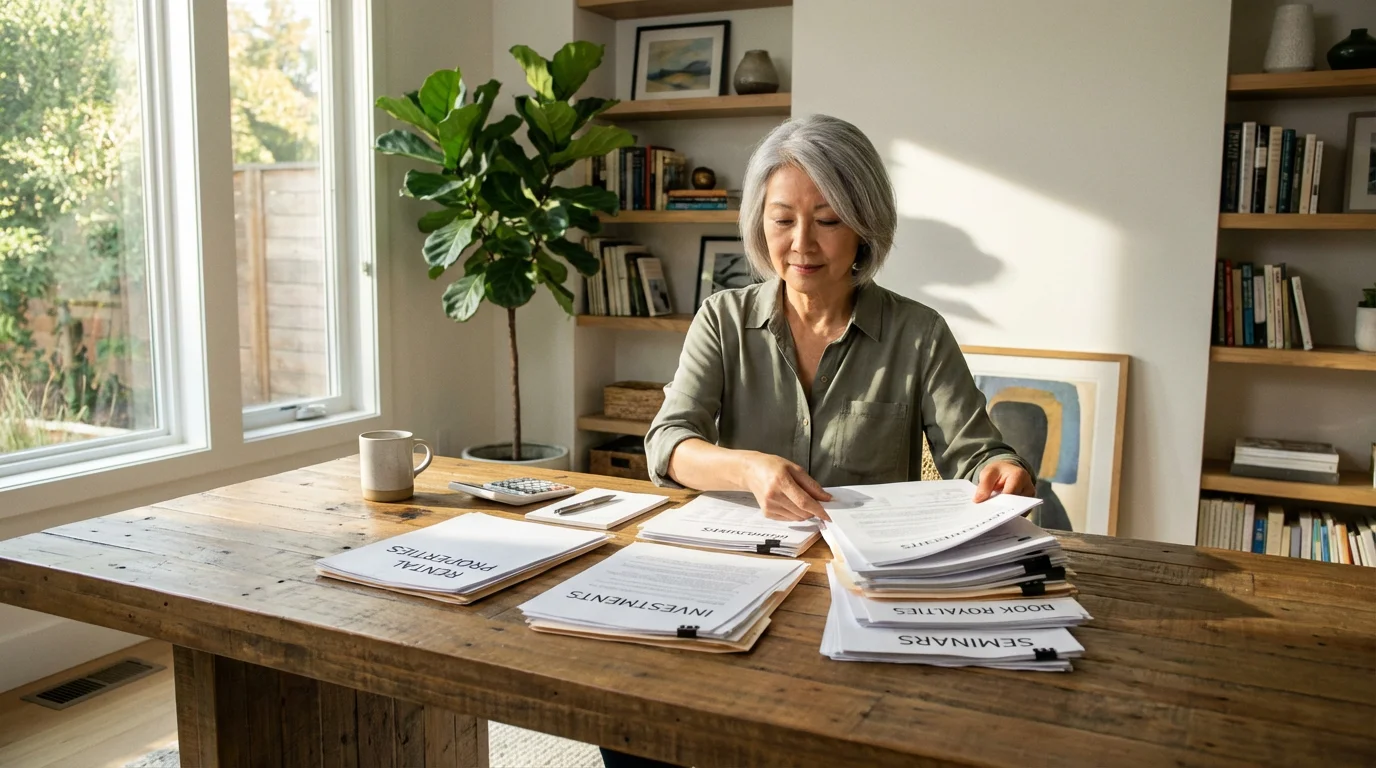 An older woman at a desk organizing financial documents in a bright, modern home office.