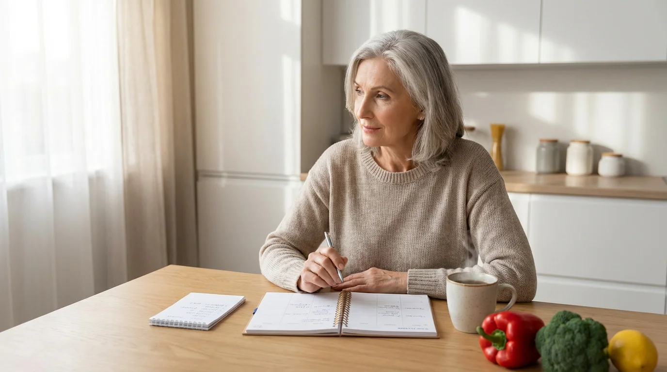 An older woman at a sunlit table planning her weekly meals with fresh vegetables.