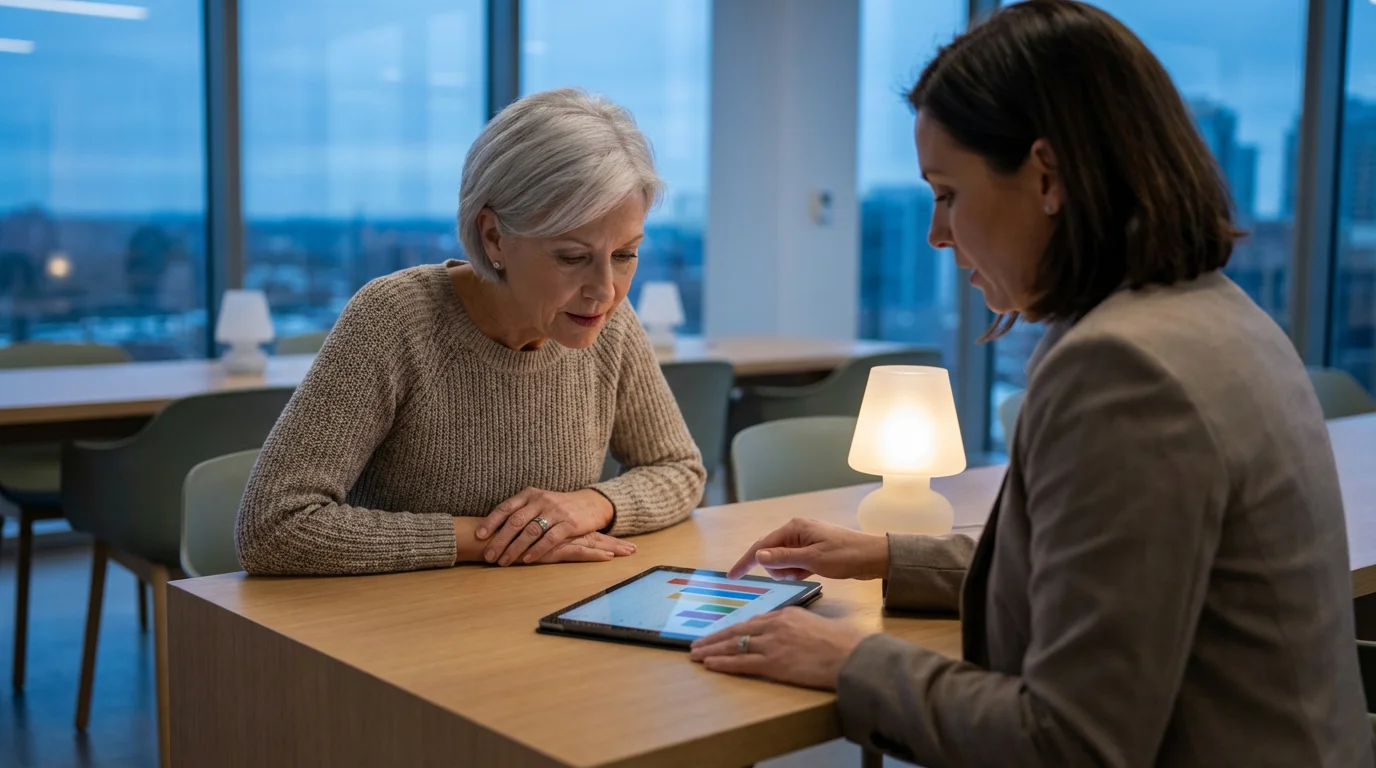 An older woman receives personalized guidance from a counselor reviewing information on a tablet.
