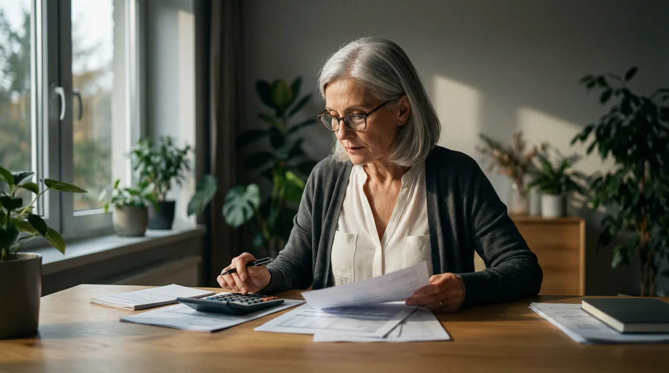 An older woman reviews financial documents at a desk in the afternoon light.