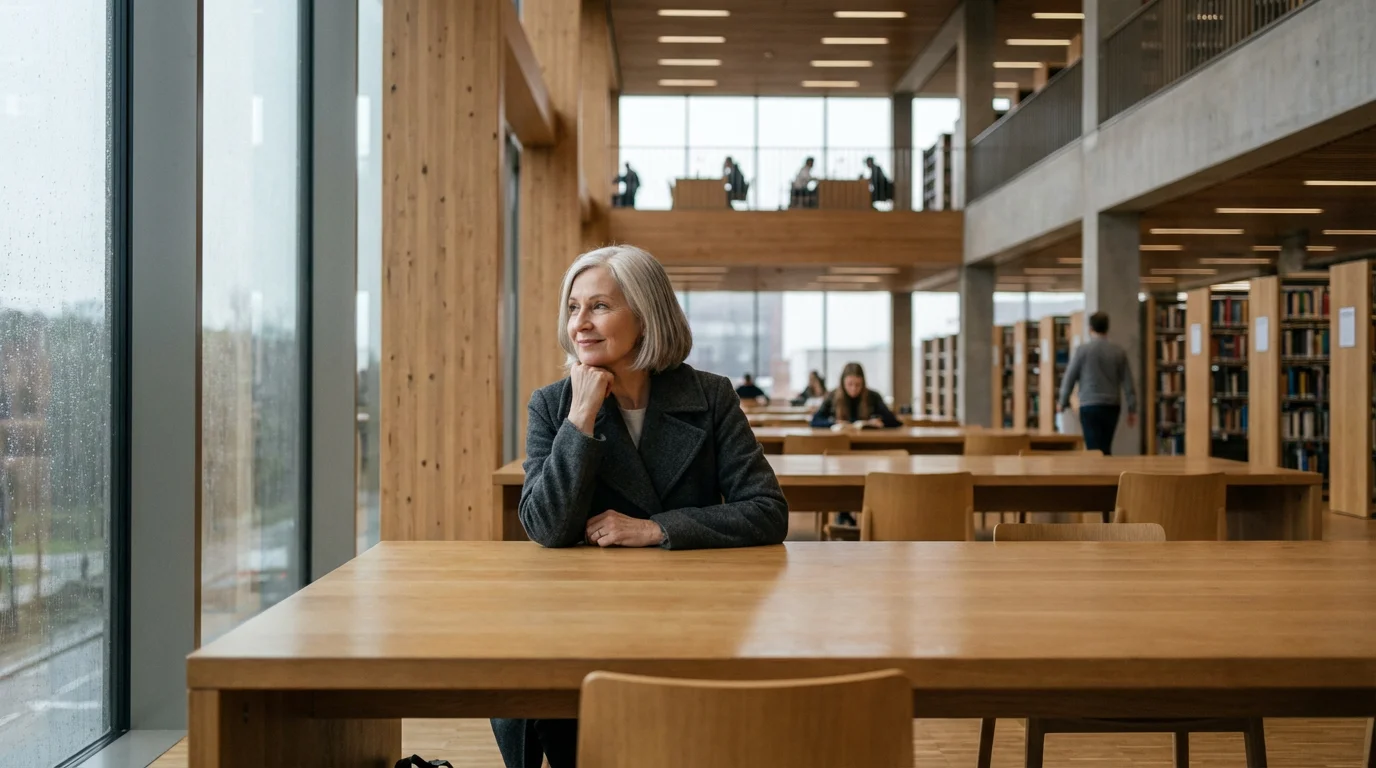 An older woman sits alone at a table in a modern, sunlit library.