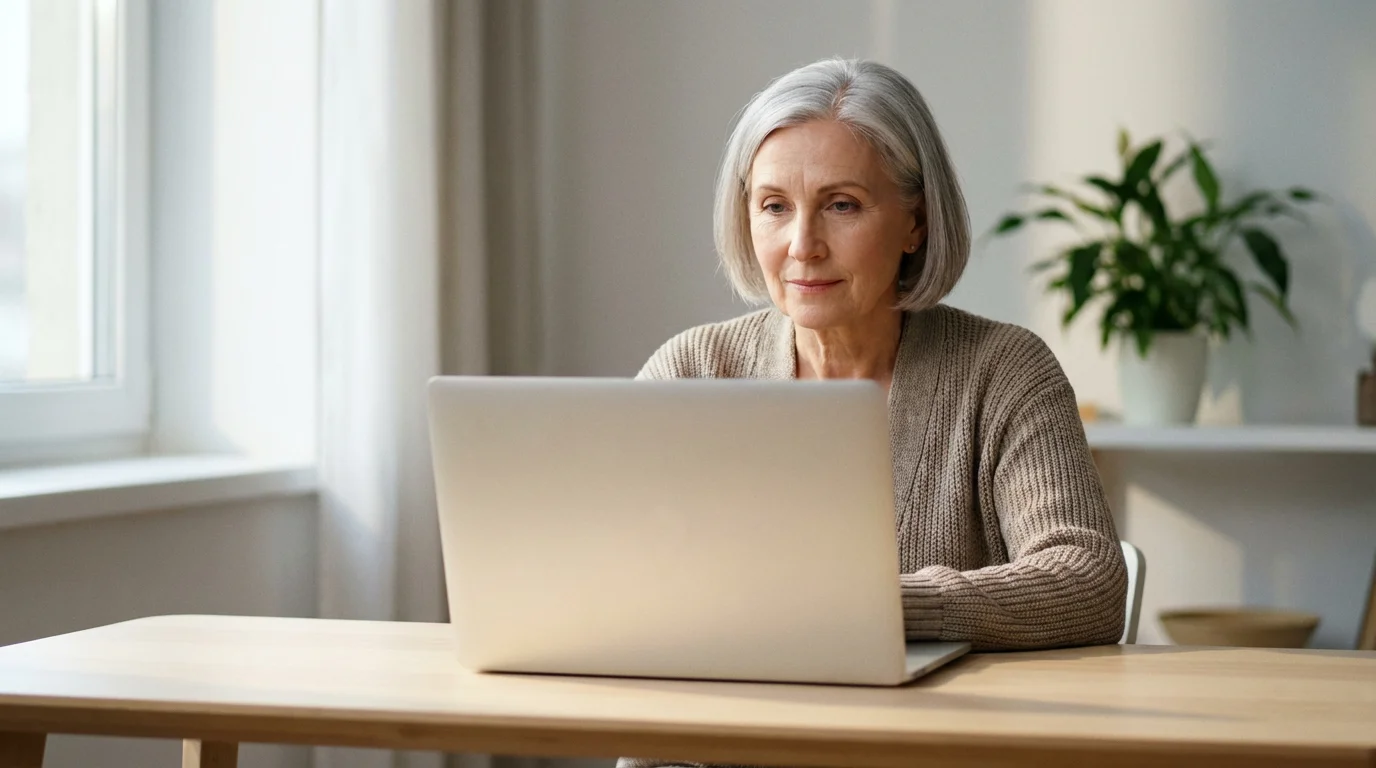 An older woman sits at her desk, looking patiently at a blank laptop screen.