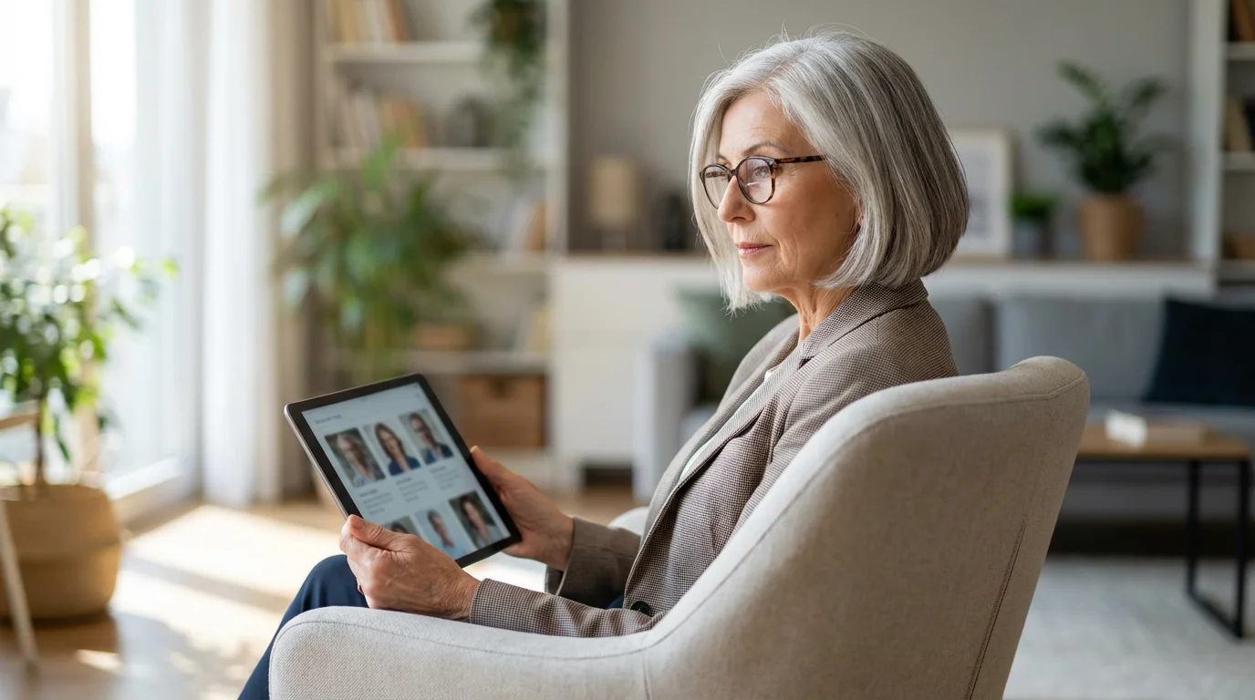 An older woman sits in her living room, choosing a doctor on a tablet.