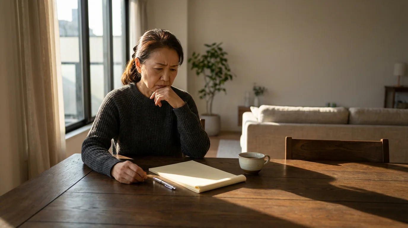 An older woman sits thoughtfully at a table with a notepad, considering her future.