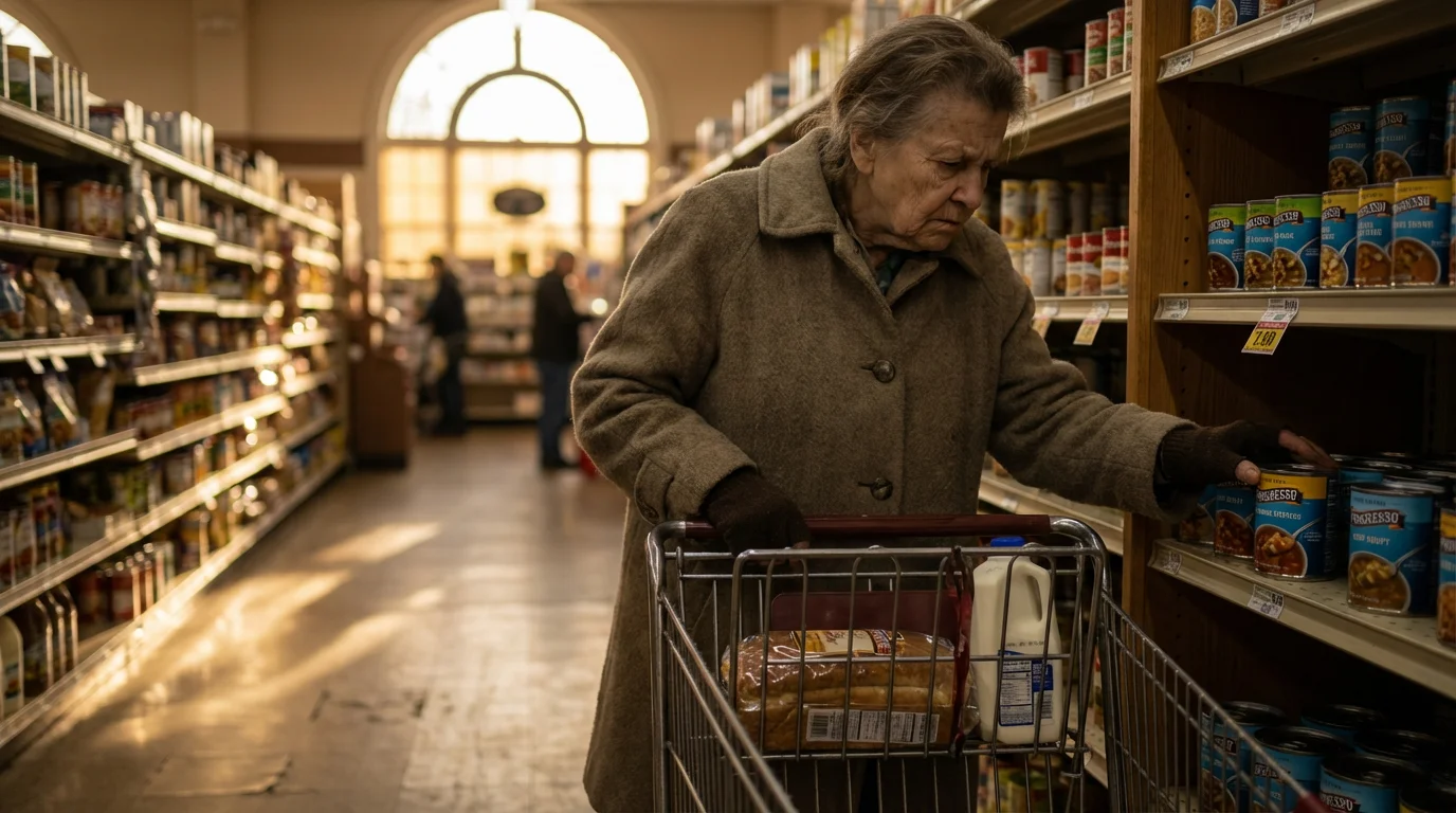 An older woman with a nearly empty shopping cart looks at groceries in a store.