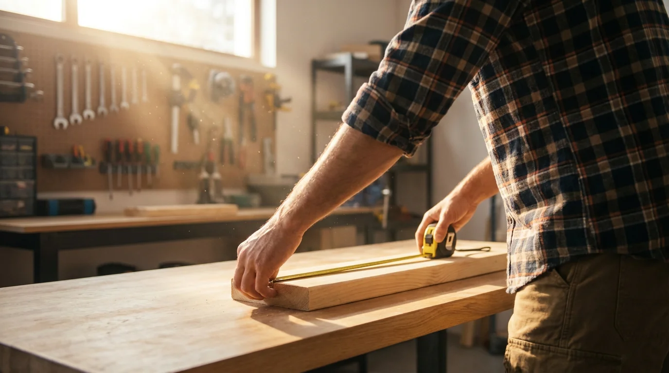 An over-the-shoulder view of a man working with a tape measure at his workshop bench.