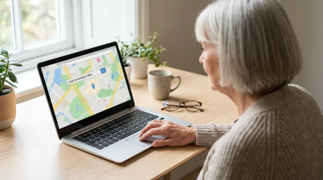 An over-the-shoulder view of a senior woman using a laptop to look at a map.