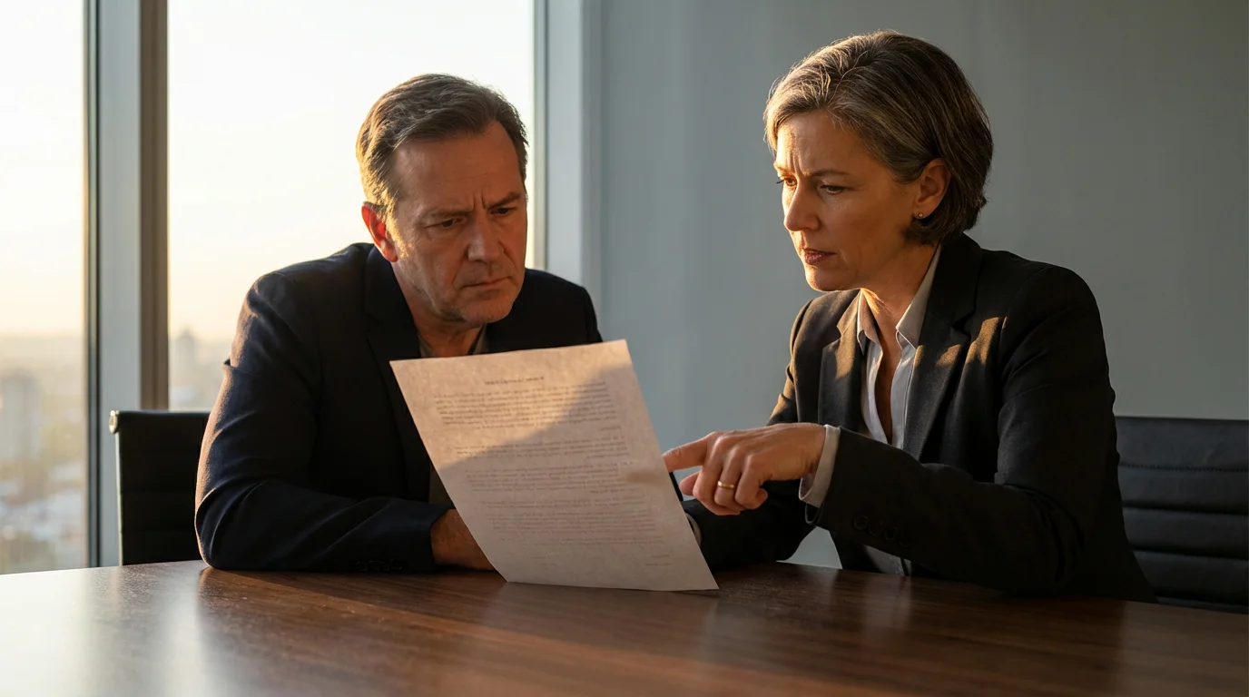 Attorney and client reviewing a legal document at a desk during golden hour.
