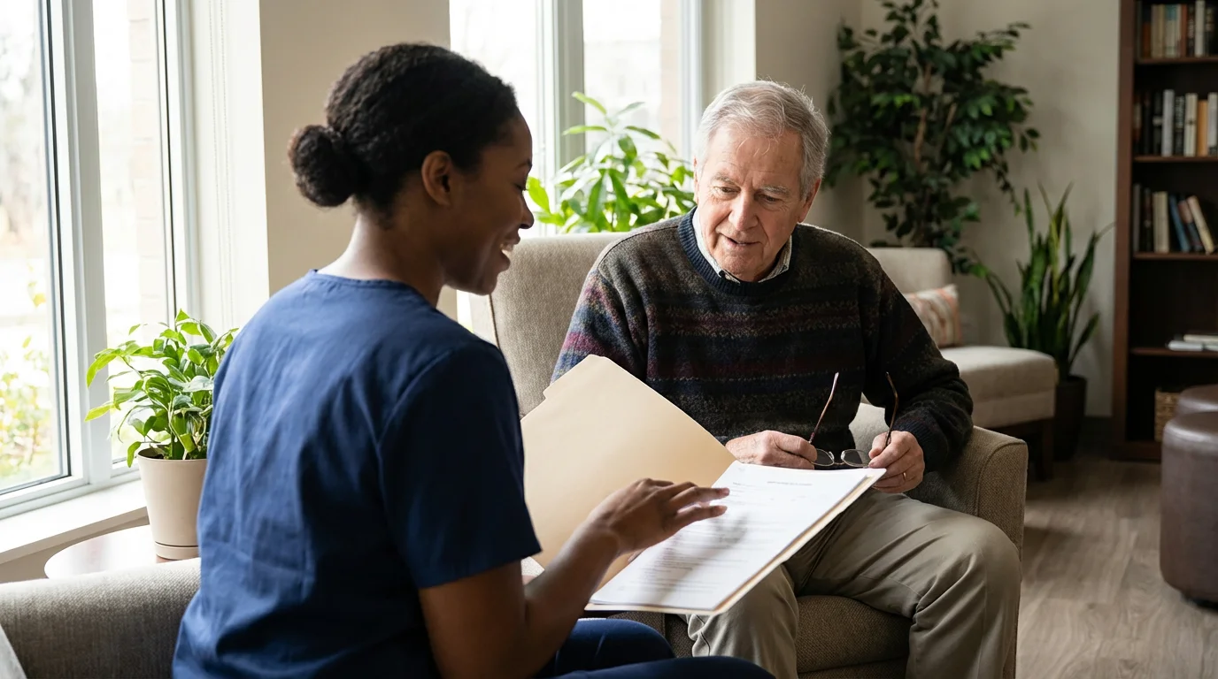 Care coordinator and senior man review a binder in a bright assisted living room.