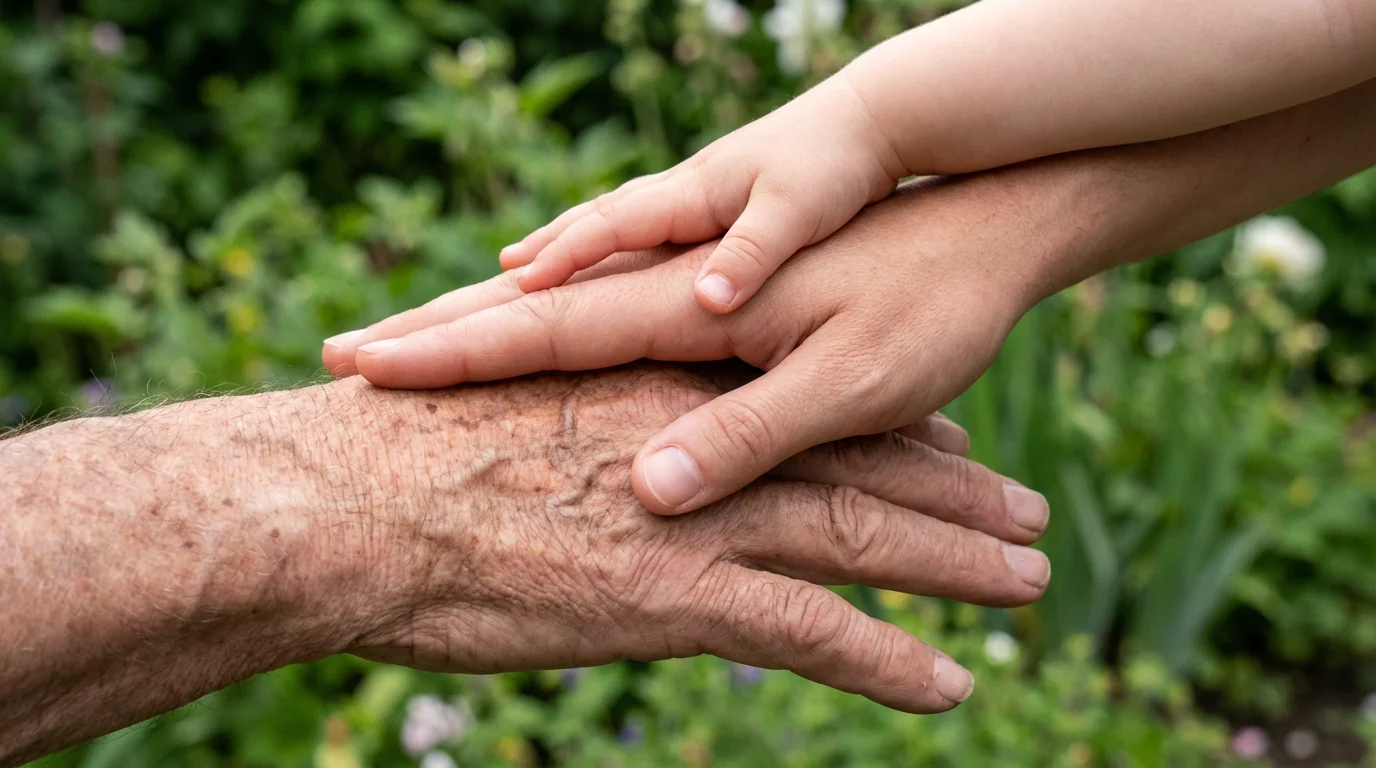 Close-up low angle shot of the hands of a grandparent, parent, and child stacked.