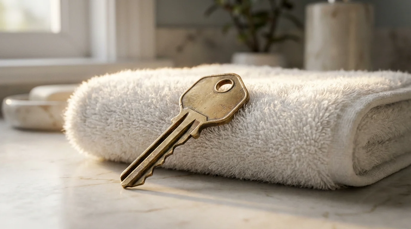 Close-up macro photo of a brass house key on a folded white towel.