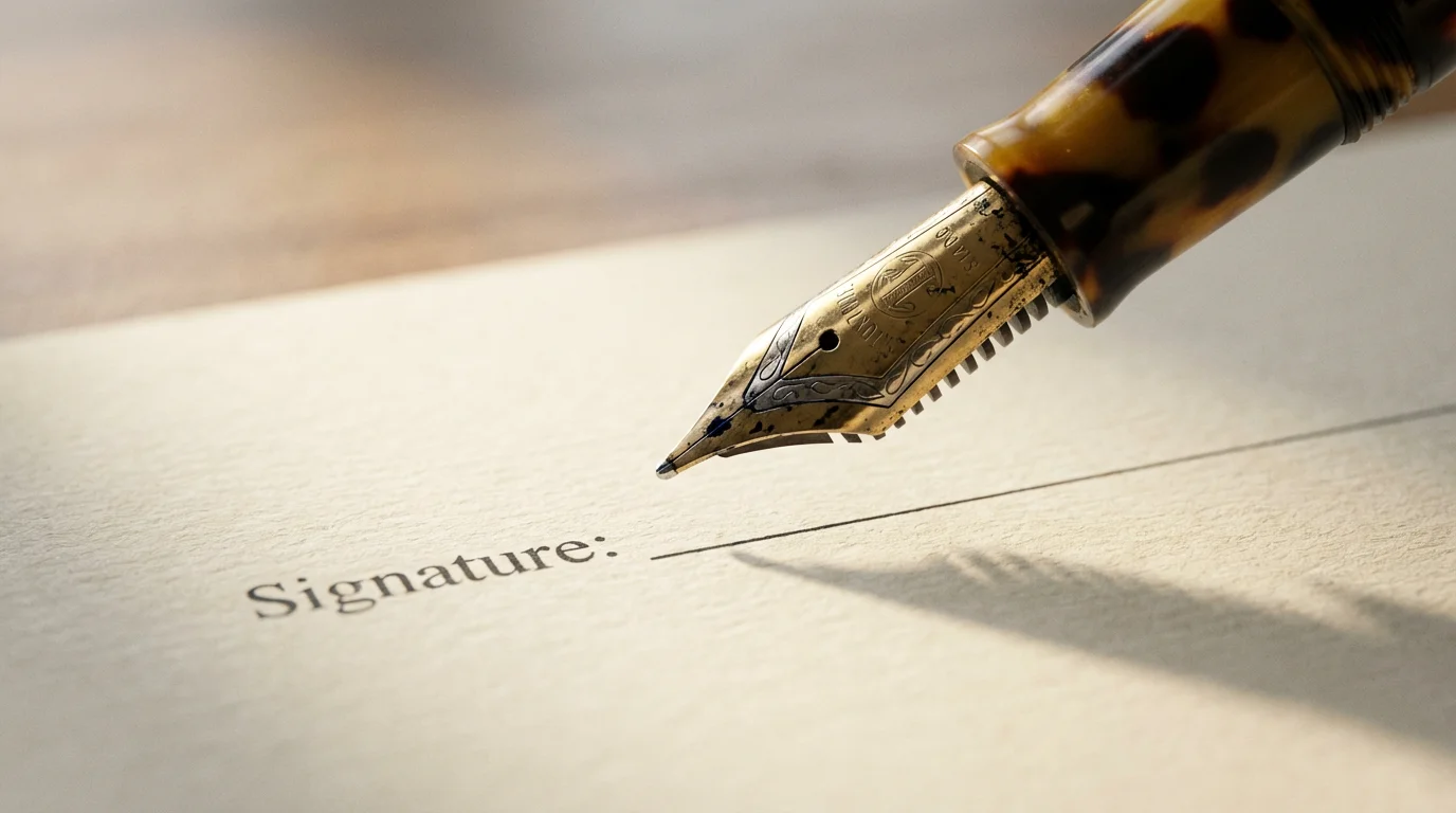 Close-up macro photo of a fountain pen tip hovering over a blank signature line on paper.