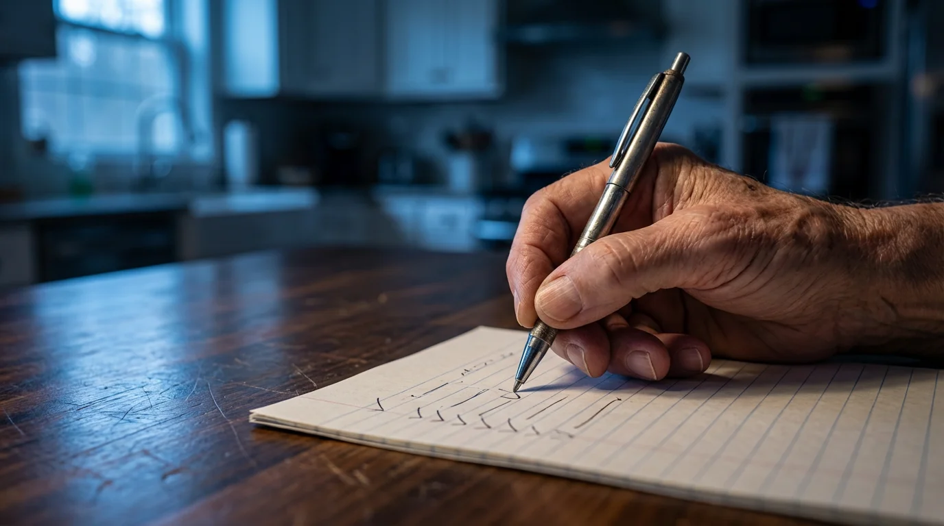 Close-up macro photo of a hand writing a grocery list on paper during blue hour.