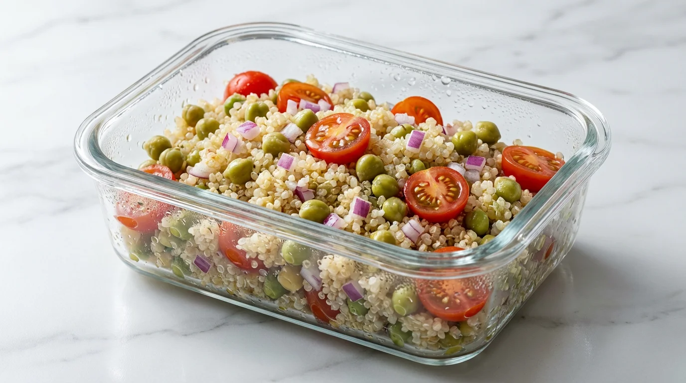 Close-up macro photo of a healthy single-serving quinoa salad in a glass container.