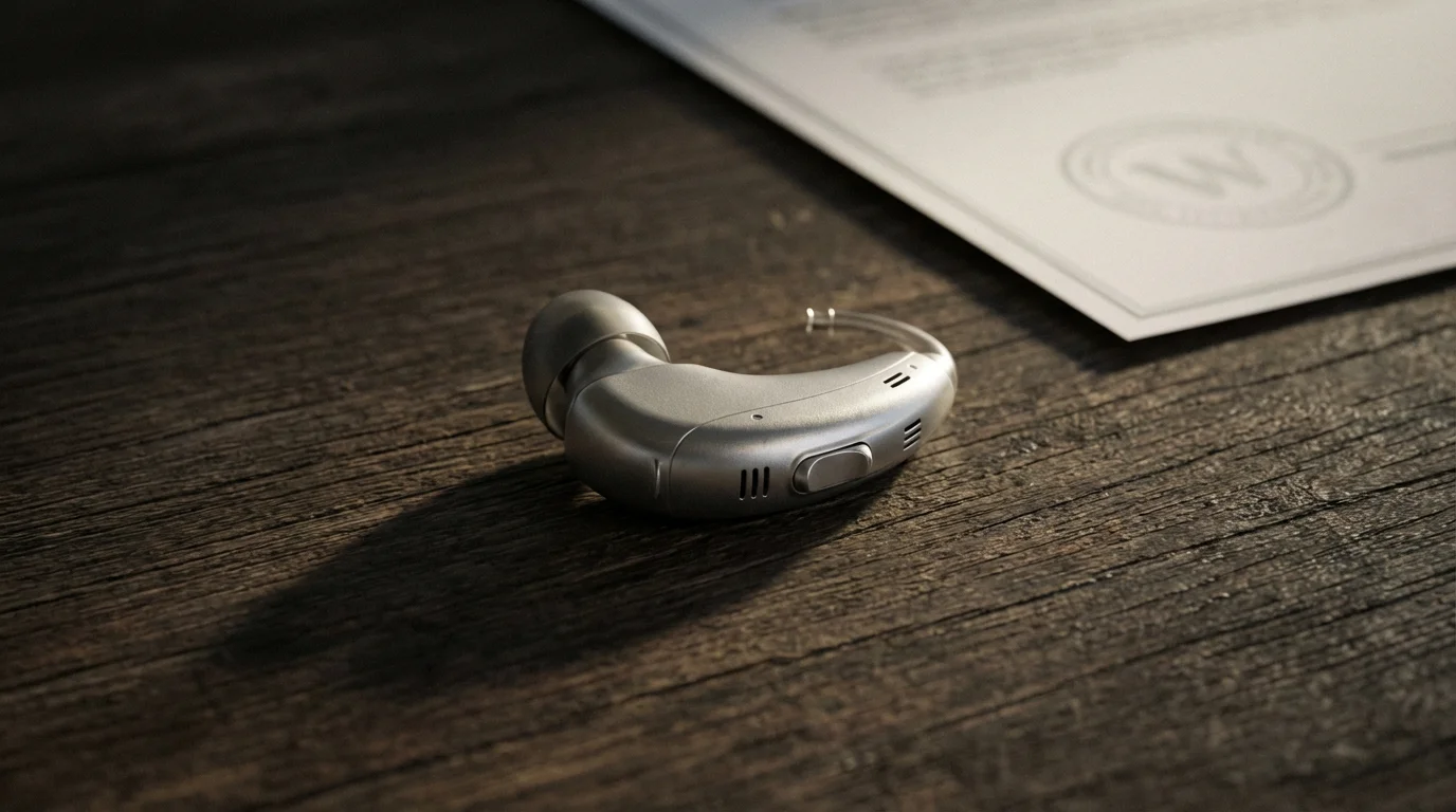 Close-up macro photo of a hearing aid on a wooden table in afternoon light.