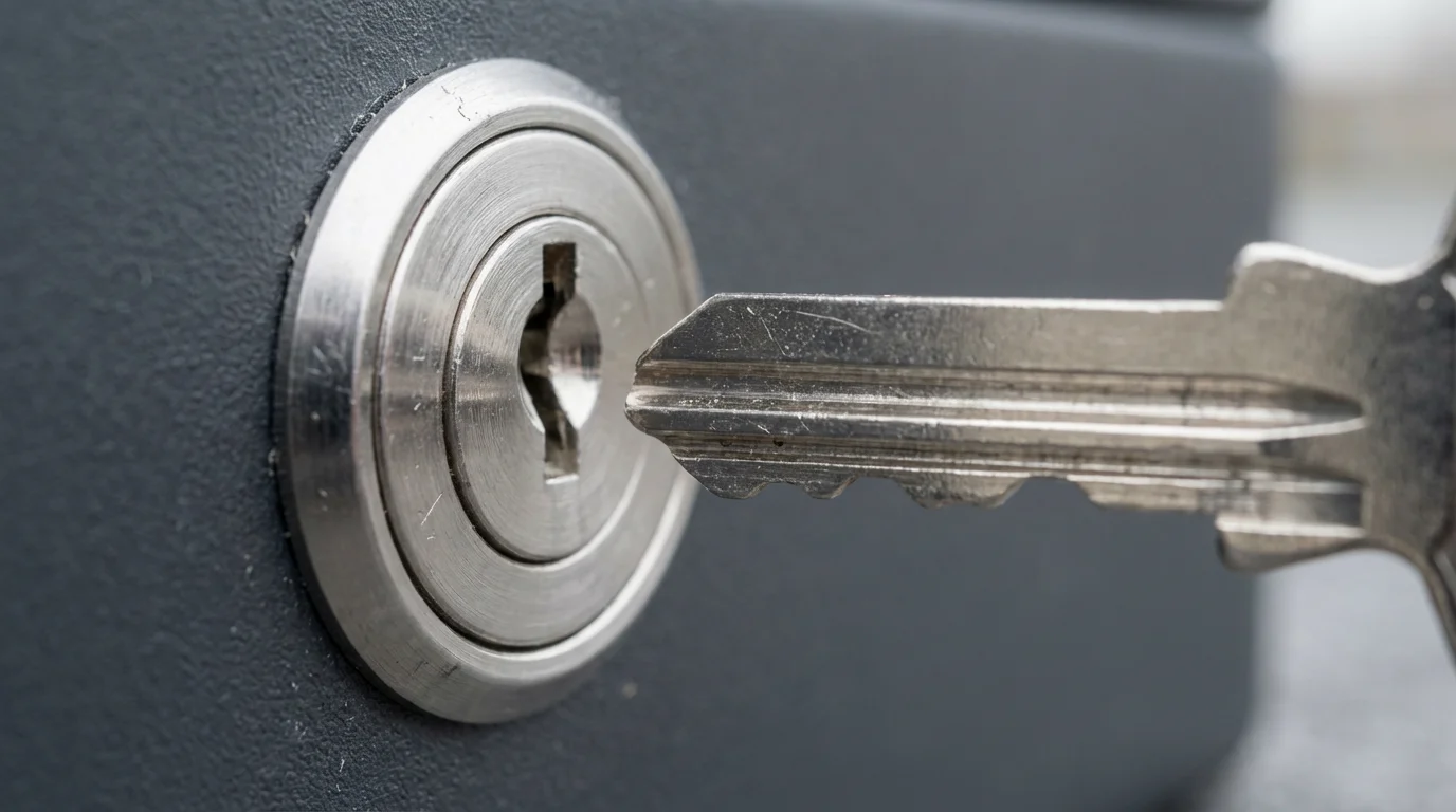 Close-up macro photo of a modern silver key about to enter a lock.