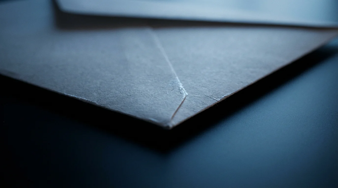 Close-up macro photo of a sealed envelope on a desk during evening blue hour.