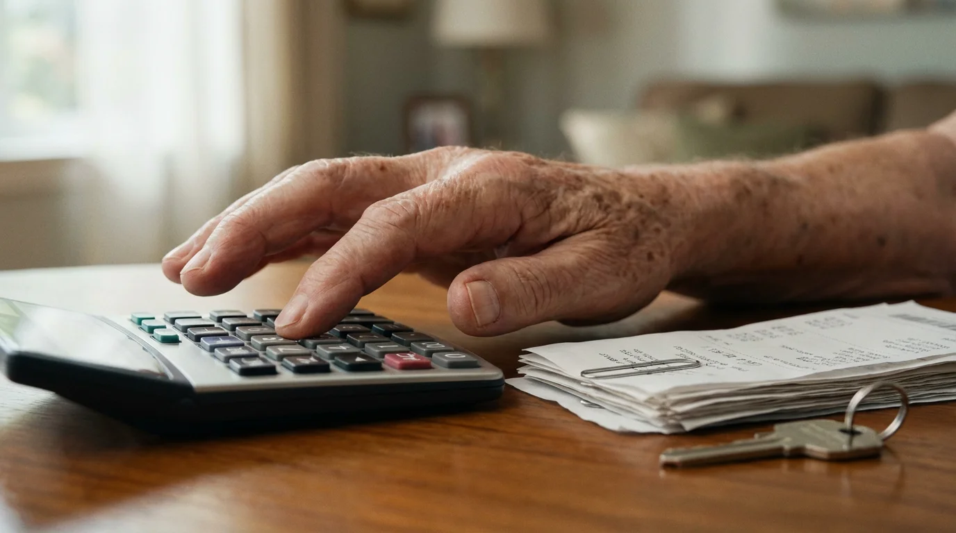 Close-up macro photo of a senior's hand, a calculator, receipts, and a house key.
