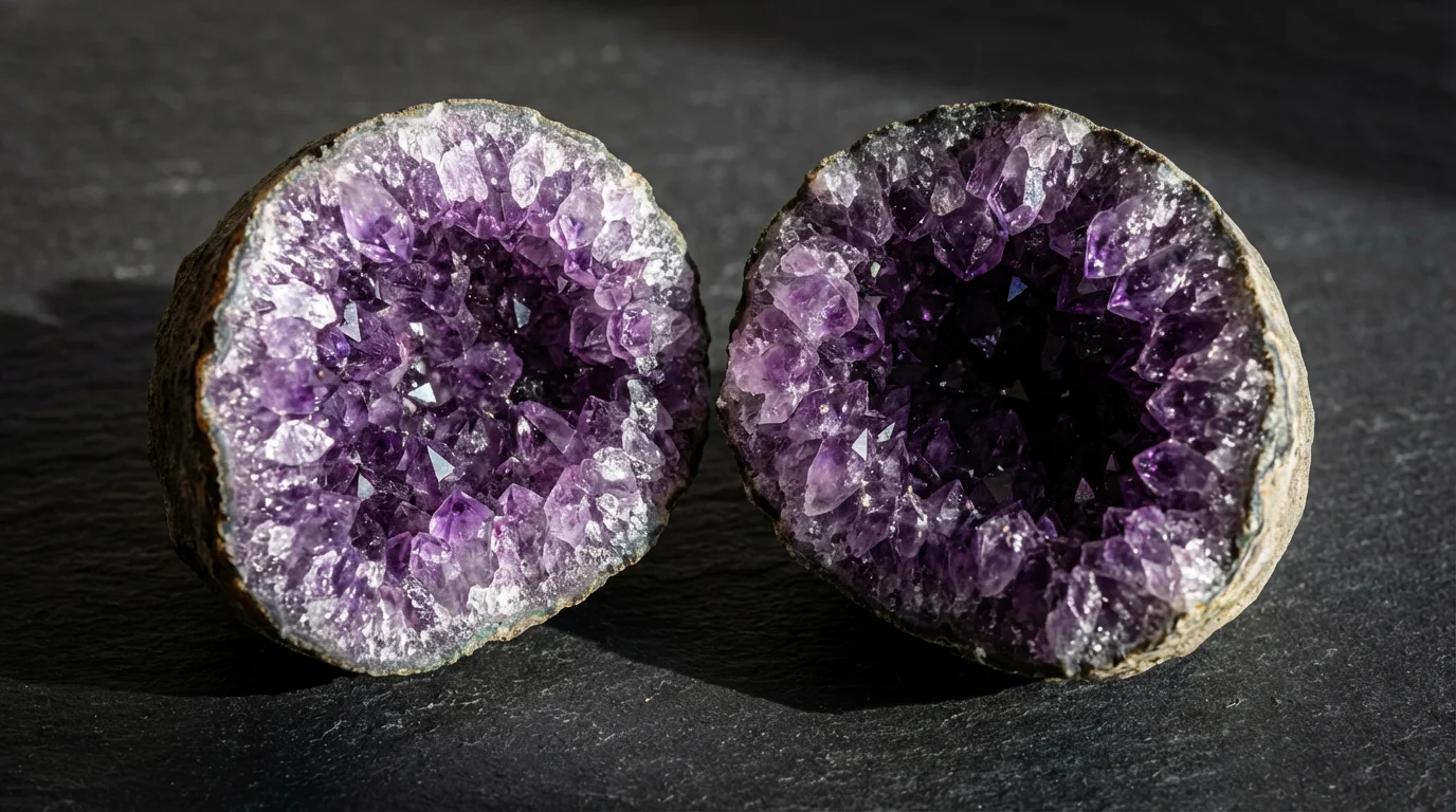 Close-up macro photo of a split geode revealing sparkling amethyst crystals on slate.