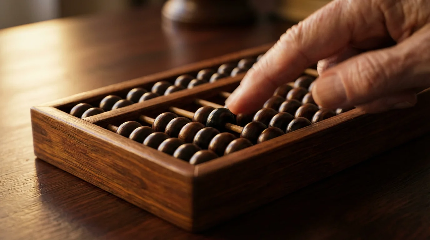 Close-up macro photo of an elderly hand moving a bead on a wooden abacus.
