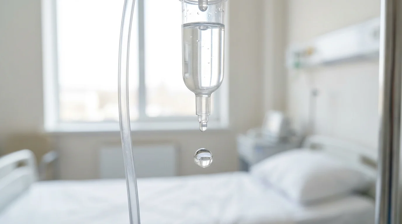 Close-up macro photo of an IV drip in a clean hospital setting.