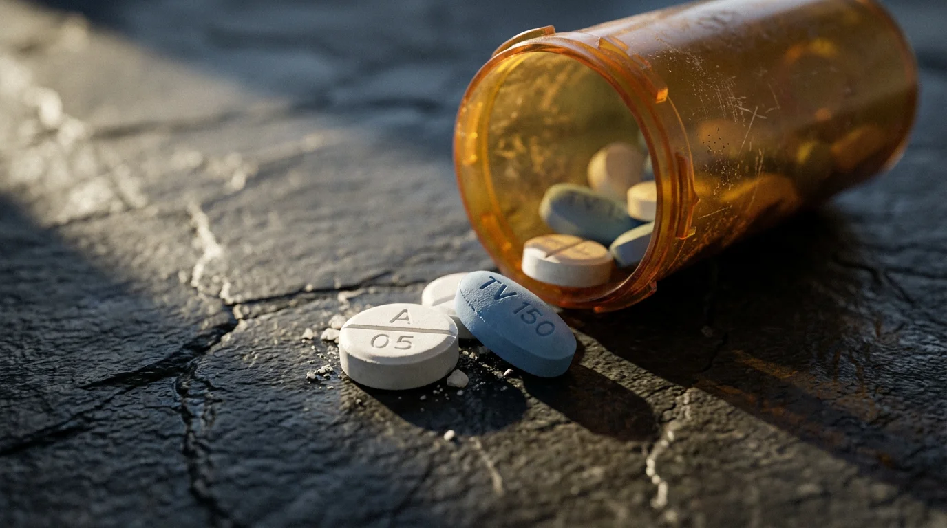 Close-up macro photo of prescription pills spilling from an amber bottle with long shadows.