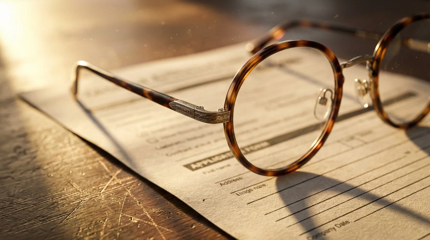 Close-up macro photo of reading glasses resting on an application form during golden hour.