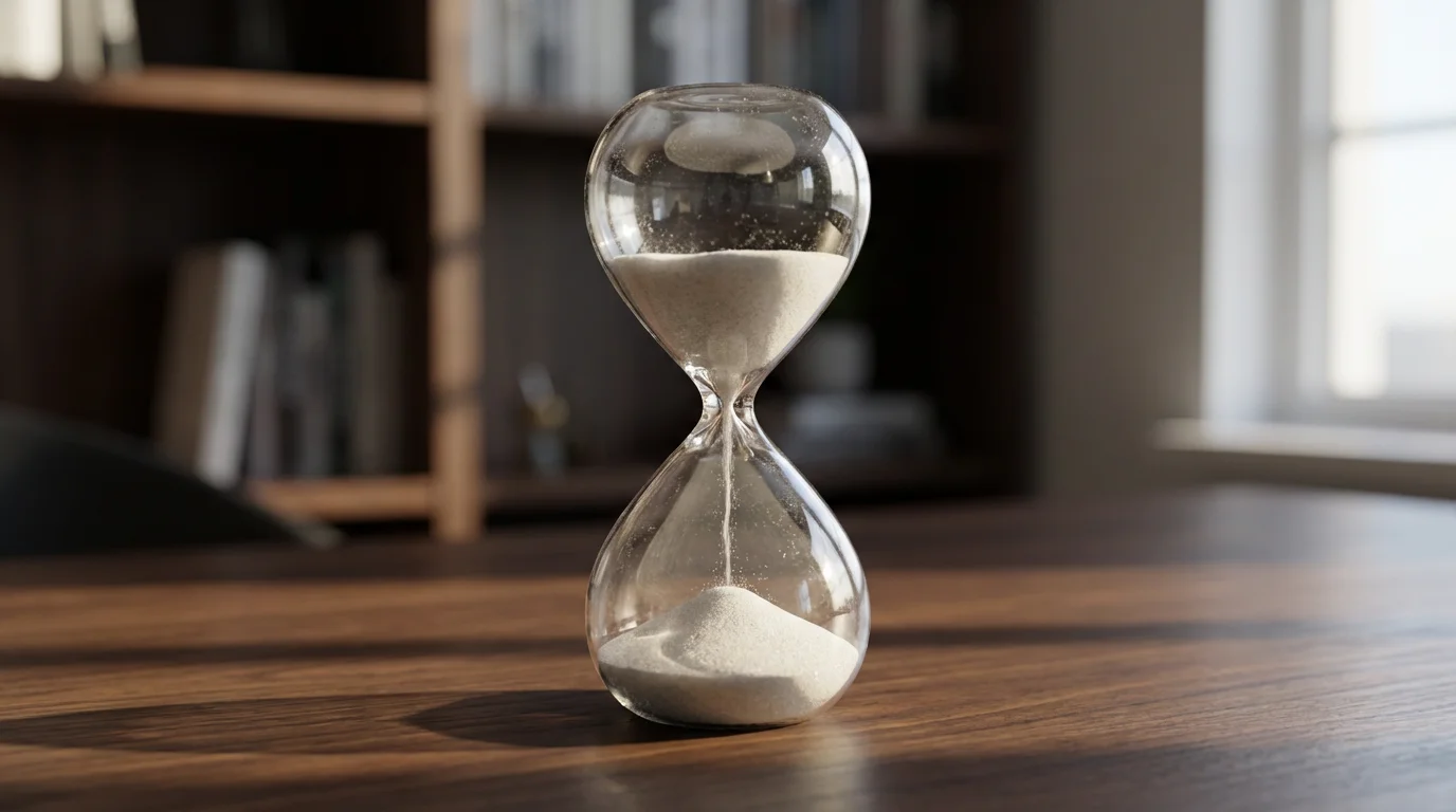 Close-up macro photo of sand trickling through an elegant hourglass in soft morning light.