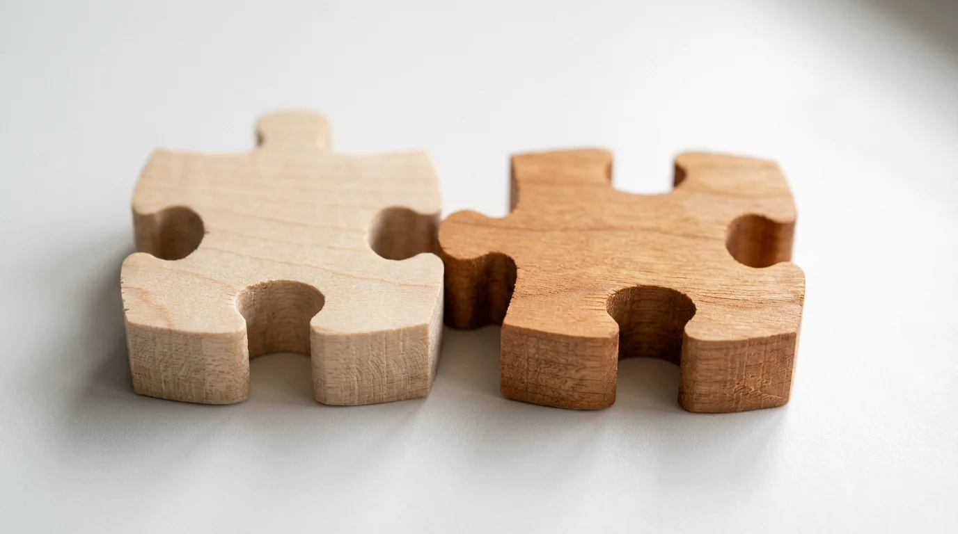 Close-up macro photo of two different colored wooden puzzle pieces about to connect.