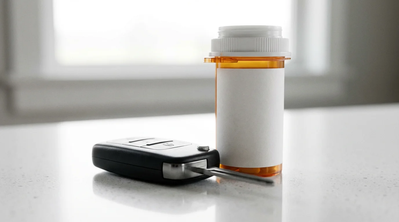 Close-up macro photograph of a car key fob next to a prescription medicine bottle.