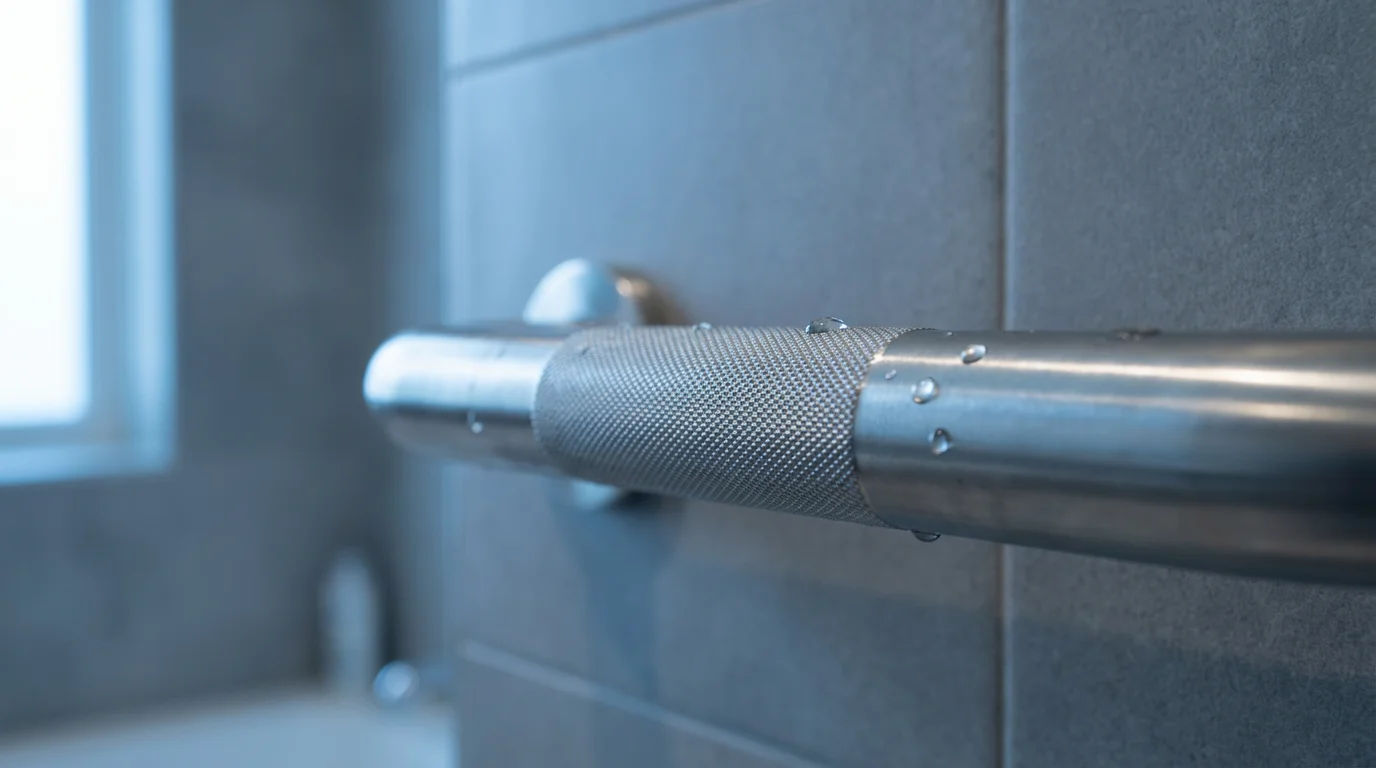 Close-up macro photograph of a modern, metallic bathroom grab bar for senior home safety.