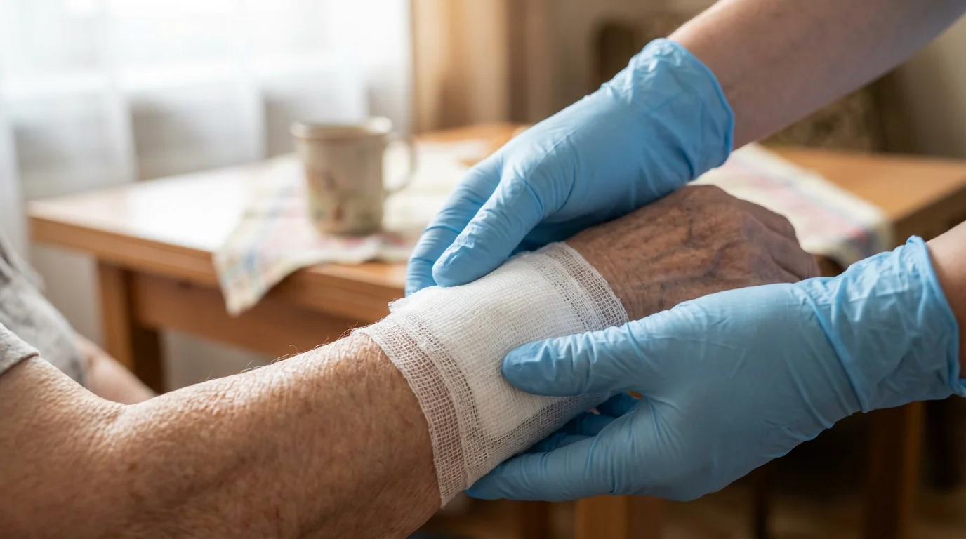 Close-up of a caregiver's gloved hands applying a sterile bandage to a patient's arm.