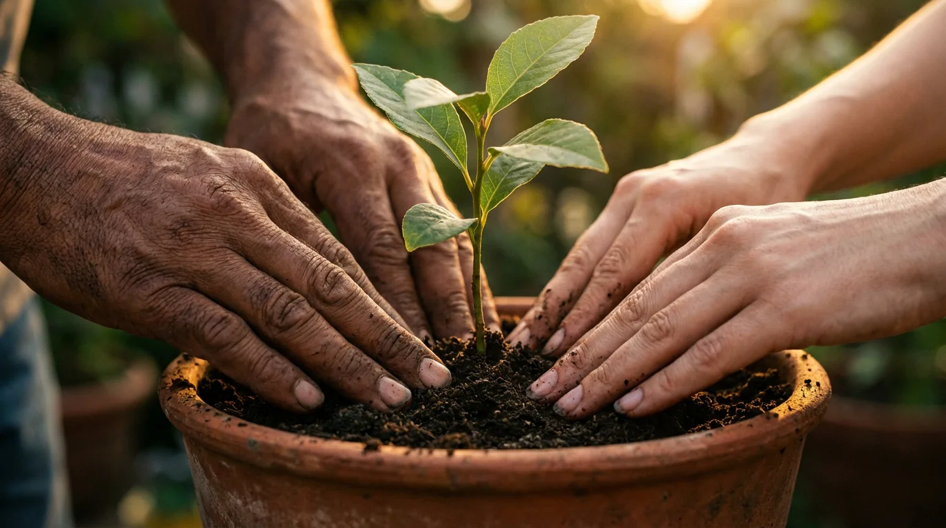 Close-up of a couple's hands carefully tending to a small growing plant together.