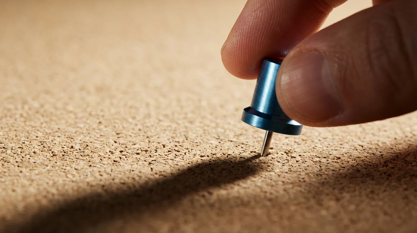 Close-up of a finger pressing a single pushpin into a blank corkboard.