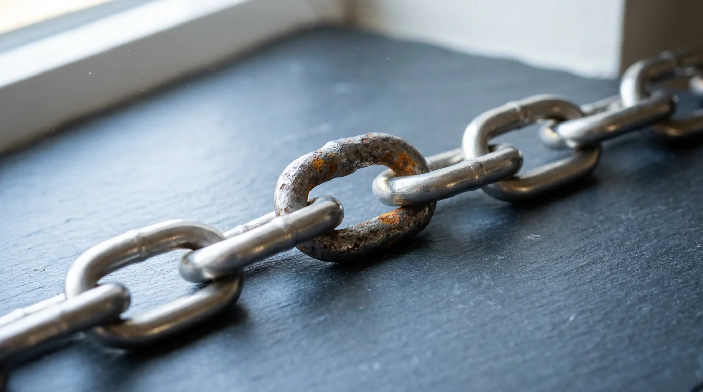 Close-up of a flawed, rusty link in an otherwise perfect steel chain.